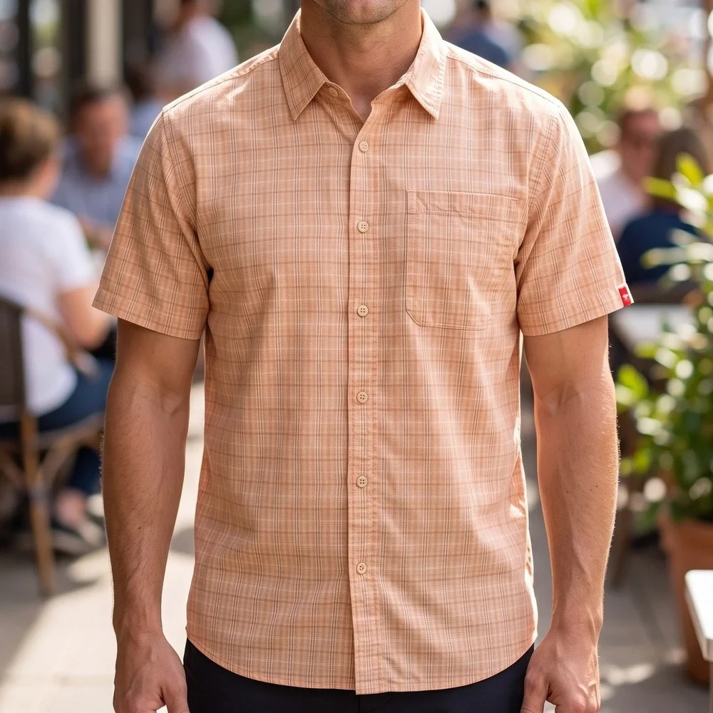The North Face Mens Short Sleeve Plaid Button Down Shirt Orange Mesh Lined XL